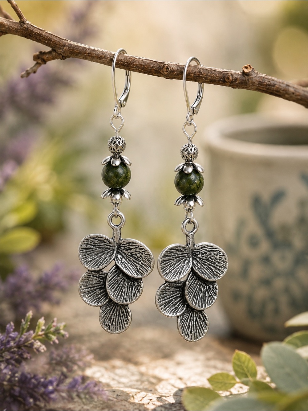 Moss Green Bead Earrings Antique Silver Nature Charms Woodland Boho